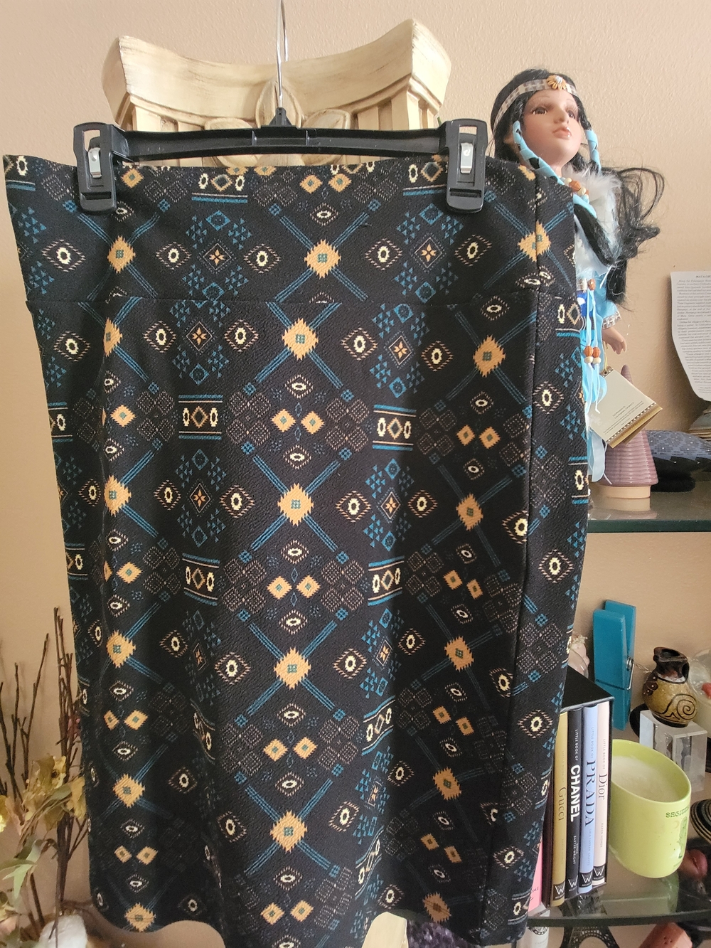 LuLaRoe Black Pencil Skirt with Gold and Blue Geometric Print